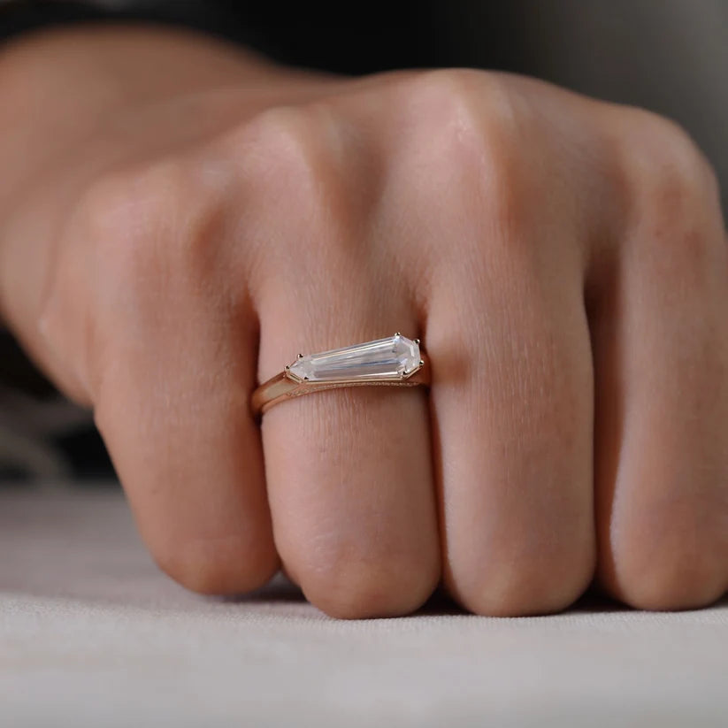East to West Shield 2.12CT Baguette  Ring Unique Geometric Step Cut Statement Ring