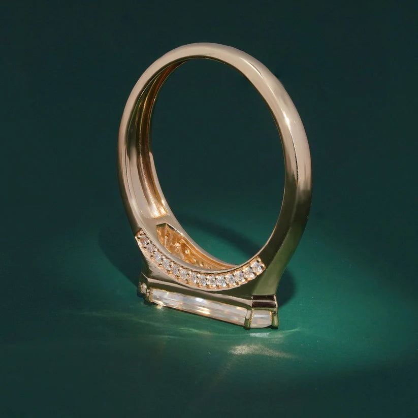 East to West Shield 2.12CT Baguette  Ring Unique Geometric Step Cut Statement Ring