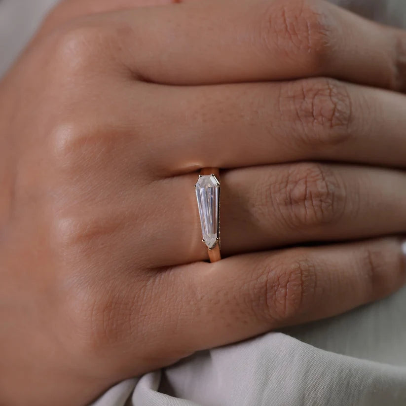 East to West Shield 2.12CT Baguette  Ring Unique Geometric Step Cut Statement Ring